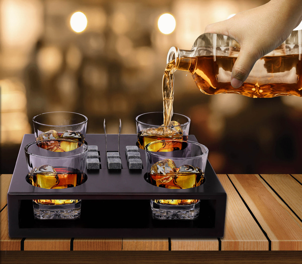 Bezrat Whiskey Glass Wood Stand Gift Set - Stone Tray - Scotch Bourbon