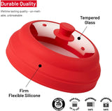 Microwave Glass Plate Cover Lid - Vented and Collapsible Design with A Safe and Easy Grip Silicone Handle – 10.5 Inch Diameter