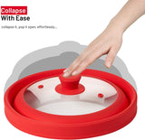 Microwave Glass Plate Cover Lid - Vented and Collapsible Design with A Safe and Easy Grip Silicone Handle – 10.5 Inch Diameter