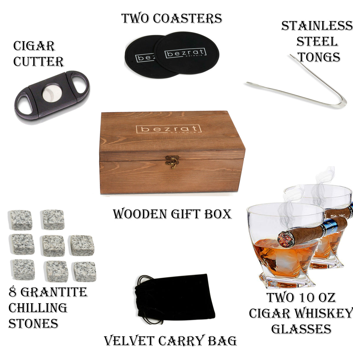 Bezrat Whiskey Glass Wood Stand Gift Set - Stone Tray - Scotch Bourbon  Twist Glasses – Granite Chilling Rocks 