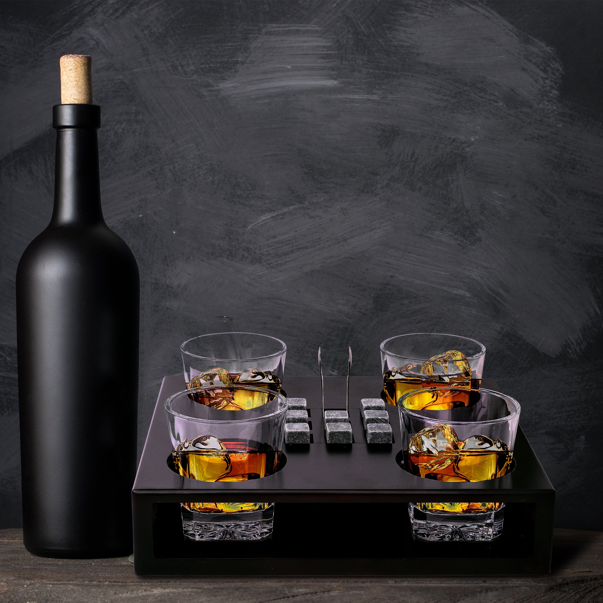 Bezrat Whiskey Glass Wood Stand Gift Set - Stone Tray - Scotch Bourbon