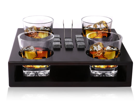 Bezrat Old Fashioned Whiskey Glasses Set - + 8 Whisky Chilling Stones and accessories on Wooden Tray – 4 Scotch Bourbon Glasses – Granite Chilling Rocks