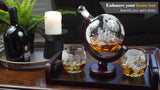 Bezrat Etched Globe Whiskey Decanter + 2 Whiskey Glasses 10 Oz. on Rich Wood Mahogany Base Tray with 2 Side Handle - Gift Packaging - Antique Ship Whiskey Dispenser for Liquor Scotch Bourbon Vodka 850