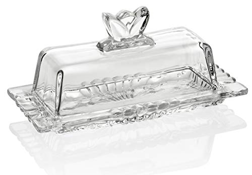 Bezrat Glass Butter Dish | Premium Butter Dish with Lid and Easy Grip Handle | Easy to Use and 100% Food Safe - Dishwasher Safe | Flower Addition