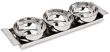 Pizzazz Stainless Beaded 3 Bowl Relish Condiment Appetizer Nut And Candy Server Serving Tray 12”L