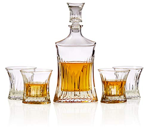 5-Piece Whiskey Decanter Set – Elegant Sophisticated Glass Decanter with 4 Matching Whiskey Glasses