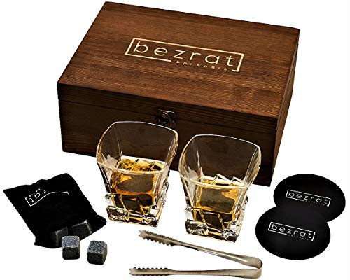 Whiskey Glass and Whiskey Stones Vintage Gift Box Set | 2 Crystal Whisky Glasses with 8 Granite Chilling Cube Rocks |Great Gift for Men Dad or In-Laws Father’s Day and Birthday | 10 Ounce’s