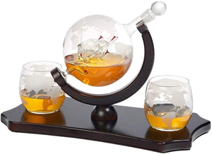 Etched Globe Whiskey Decanter Set + 2 Whisky Glasses on Rich Wood Classic Mahogany Base Tray - Gift Packaging - Antique Ship Whiskey Dispenser for Liquor Scotch Bourbon Vodka 850ML