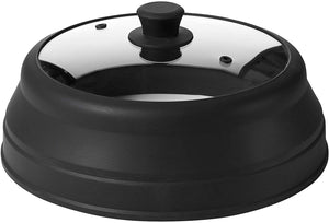 Microwave Glass Plate Cover Lid - Vented and Collapsible Design with A Safe and Easy Grip Silicone Handle – 10.5 Inch Diameter