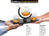 Etched Globe Whiskey Decanter Set + 2 Whisky Glasses on Rich Wood Classic Mahogany Base Tray - Gift Packaging - Antique Ship Whiskey Dispenser for Liquor Scotch Bourbon Vodka 850ML