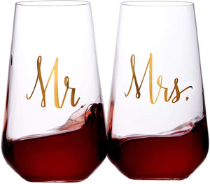 Bezrat Mr and Mrs Stemless Wine Glasses - Set Of 2-16 Ounces - Gift for Wedding, Bride and Groom, His & Hers Married Couple, Anniversary, Bridal Shower, Couples Engagement Gifts