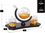 Etched Globe Whiskey Decanter Set + 2 Whisky Glasses on Rich Wood Classic Mahogany Base Tray - Gift Packaging - Antique Ship Whiskey Dispenser for Liquor Scotch Bourbon Vodka 850ML