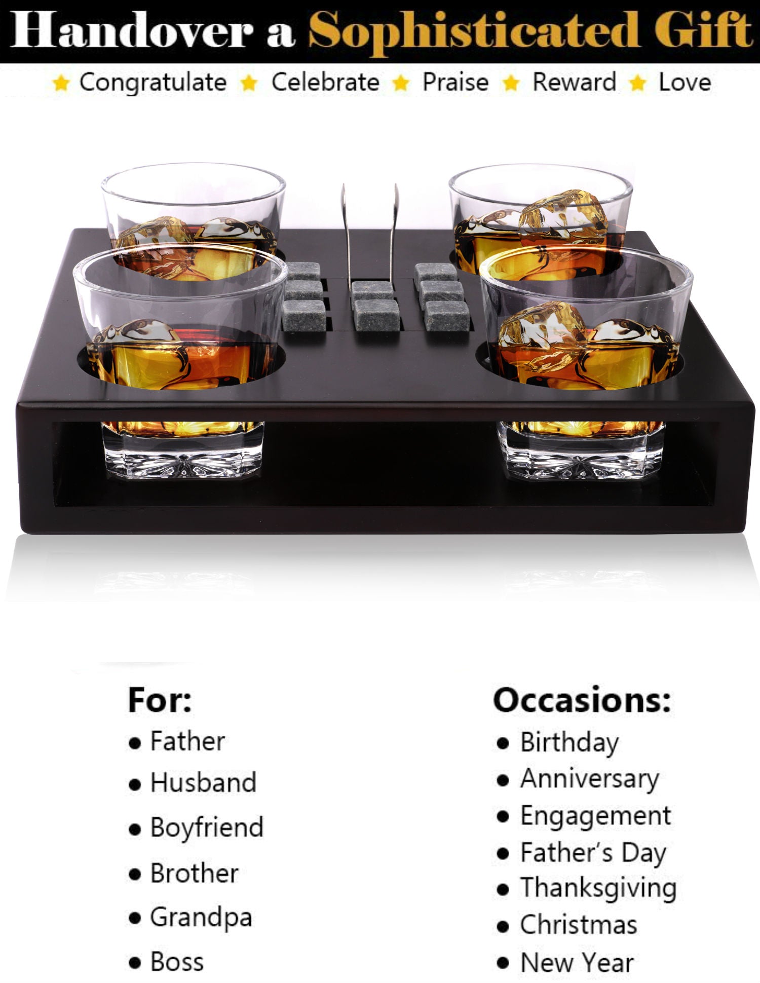 Bezrat Whiskey Glass Wood Stand Gift Set - Stone Tray - Scotch Bourbon  Twist Glasses – Granite Chilling Rocks 