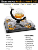 Bezrat Etched Globe Whiskey Decanter Set + 4 Whisky Glasses 10 Oz. on Rich Wood Mahogany Glass Base Tray Stand - Gift Packaging - Antique Ship Whiskey Dispenser for Liquor Scotch Bourbon Vodka