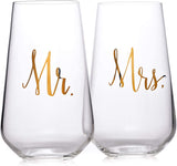 Bezrat Mr and Mrs Stemless Wine Glasses - Set Of 2-16 Ounces - Gift for Wedding, Bride and Groom, His & Hers Married Couple, Anniversary, Bridal Shower, Couples Engagement Gifts