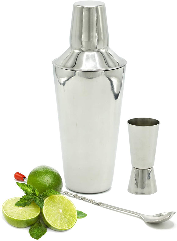 Bezrat Cocktail Shaker Bar Set: 24 Ounce Stainless Steel Drink Shaker Bottle, Measuring Jigger & Mixing Spoon Bartender Kit| Sturdy, Non-Rust Home & Commercial Bar Accessories| Bar Tools Set