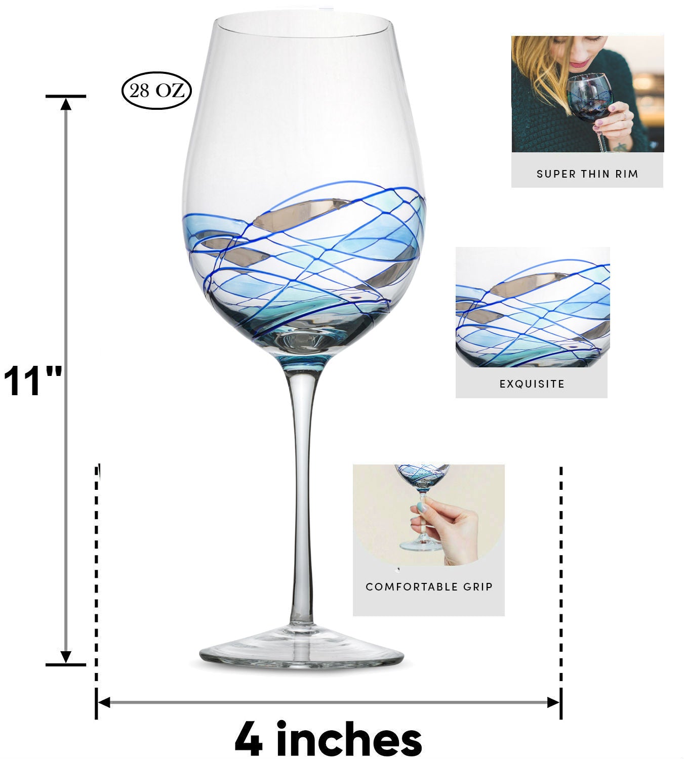 Bezrat Wine Glasses Set of 2, Hand Painted Wine Glasses, Drinkware Ess