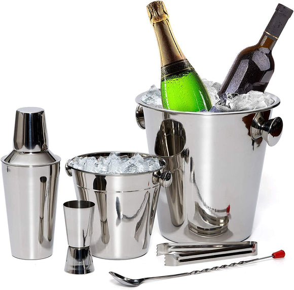 Bar Set By Bezrat – Stainless Steel Barware Accessories - Cocktail Kit for Parties & Fun – 6 Piece Bartender Set with Cocktail Shaker, Double Jigger, Ice Tongs, Wine Chiller, Ice Bucket & Mixing Spoon