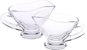 Small 3 oz crystal Coupe Shaped Gravy Sauce Boat Salt and Pepper Chinese Spoon Set of 2