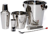 Bar Set By Bezrat – Stainless Steel Barware Accessories - Cocktail Kit for Parties & Fun – 6 Piece Bartender Set with Cocktail Shaker, Double Jigger, Ice Tongs, Wine Chiller, Ice Bucket & Mixing Spoon