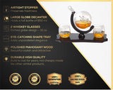 Etched Globe Whiskey Decanter Set + 2 Whisky Glasses on Rich Wood Classic Mahogany Base Tray - Gift Packaging - Antique Ship Whiskey Dispenser for Liquor Scotch Bourbon Vodka 850ML