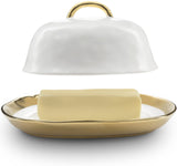 Bezrat Ceramic Porcelain Butter Dish with Lid - Elegant Butter Dish with Cover and Handle, White/Gold