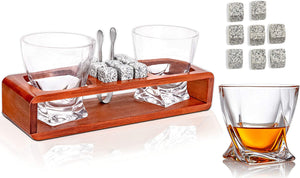 Bezrat Whiskey Glass Wood Stand Gift Set - Stone Tray - Scotch Bourbon Twist Glasses – Granite Chilling Rocks