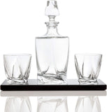 Bezrat Whiskey Glasses and Liquor Decanter Set | (2) Lead Free Crystal Bourbon Glasses with Matching Whiskey Decanter on beautiful wood tray | Glass Has a Sleek Square Twisted Bottom for Easy Handling