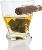 Bezrat Twist Old Fashioned Whiskey Tumbler With Side Mounted Cigar Holder, 10 Ounce + Whiskey Stones and accessories in Wooden Gift Box