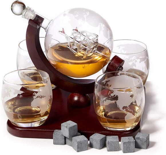 Whiskey Decanter and Glass Set - Includes Whisky Decanter Globe with 4 Whiskey Glasses + 8 Whiskey Stones - Etched Globe Liquor Decanter Set with Tray - for all Beverage Serveware