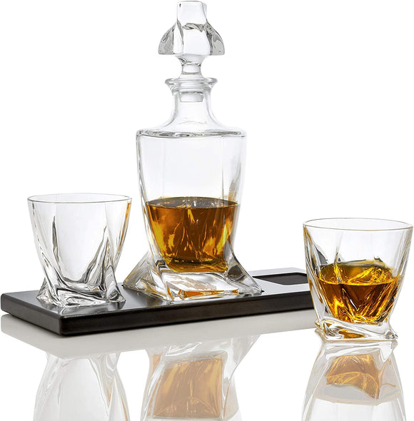 Bezrat Whiskey Glasses and Liquor Decanter Set | (2) Lead Free Crystal Bourbon Glasses with Matching Whiskey Decanter on beautiful wood tray | Glass Has a Sleek Square Twisted Bottom for Easy Handling