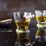 Bezrat Twist Old Fashioned Whiskey Tumbler With Side Mounted Cigar Holder, 10 Ounce + Whiskey Stones and accessories in Wooden Gift Box