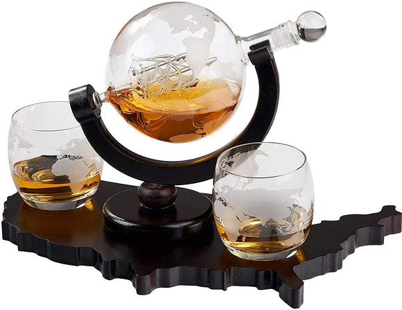 Whiskey Decanter Set World Etched Globe Decanter Airtight Stopper Antique Ship Liquor Dispenser Perfect Bar Gift Bourbon Scotch Vodka Liquor USA Map Tray 850 ml