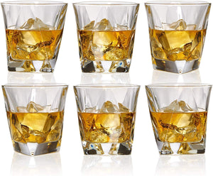 Set of 6 Angle Whiskey Glasses - Lead Free Old Fashioned Glass - Thick Weighted Bottom 10 Ounce Liquor and Spirits Tumbler