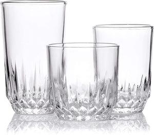 18-Piece Glassware Set Includes: 6 Piece 12 Oz. Highball Glasses, 6 Piece 10 Oz. Tumbler Glasses, and 6 Piece 8 Oz. Stemless Wine Glasses
