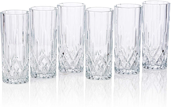 Lead-Free Heavy Base Highball Glasses for Water, Juice Beer and Cocktails [Set of 6] Clear Stylish Slim Design - 8 Ounce Drinking Glasses
