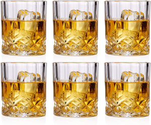Bezrat Lead-Free Crystal Double Old-Fashioned Whiskey Glasses, SET OF 6, Heavy Base Barware Glasses Set, 8oz Drinking Glasses. Set of 2 Bar Drink Coasters Included