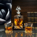 Bezrat Whiskey Glasses and Liquor Decanter Set | (2) Lead Free Crystal Bourbon Glasses with Matching Whiskey Decanter on beautiful wood tray | Glass Has a Sleek Square Twisted Bottom for Easy Handling