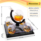 Bezrat Etched Globe Whiskey Decanter Set + 4 Whisky Glasses 10 Oz. on Rich Wood Mahogany Glass Base Tray Stand - Gift Packaging - Antique Ship Whiskey Dispenser for Liquor Scotch Bourbon Vodka
