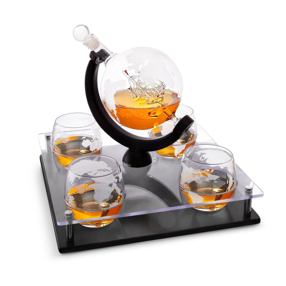 Bezrat Etched Globe Whiskey Decanter Set + 4 Whisky Glasses 10 Oz. on Rich Wood Mahogany Glass Base Tray Stand - Gift Packaging - Antique Ship Whiskey Dispenser for Liquor Scotch Bourbon Vodka
