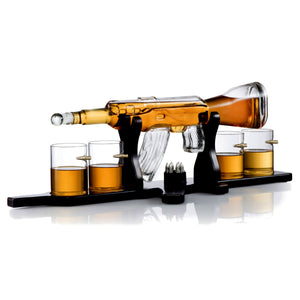 Whiskey Decanter Set + 4 Whisky Glasses on Rich Wood Classic Mahogany Base Tray with Chilling Stones Gift Packaging - Whiskey Dispenser for Liquor Scotch Bourbon - Christmas Holiday Gift