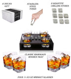 Bezrat Old Fashioned Whiskey Glasses Set - + 8 Whisky Chilling Stones and accessories on Wooden Tray – 4 Scotch Bourbon Glasses – Granite Chilling Rocks