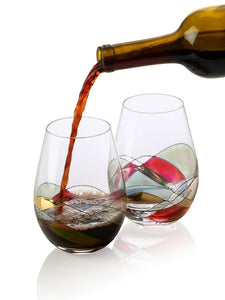 Bezrat Stemless Wine Glasses Set of Two | Hand Painted Large Premium Red and White Wine glasses | Lead-Free Crystal | Essential Wine Gift | 18 Ounces (Red)