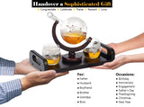 Bezrat Etched Globe Whiskey Decanter + 2 Whiskey Glasses 10 Oz. on Rich Wood Mahogany Base Tray with 2 Side Handle - Gift Packaging - Antique Ship Whiskey Dispenser for Liquor Scotch Bourbon Vodka 850