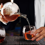 Bezrat Etched Globe Whiskey Decanter Set + 4 Whisky Glasses 10 Oz. on Rich Wood Mahogany Glass Base Tray Stand - Gift Packaging - Antique Ship Whiskey Dispenser for Liquor Scotch Bourbon Vodka