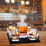 Bezrat Old Fashioned Decanter & Whiskey Glasses Set – On Rich Wood Mahogany Acrylic Glass Base Tray Stand – 4 Scotch Bourbon Glasses – Gift Packaging
