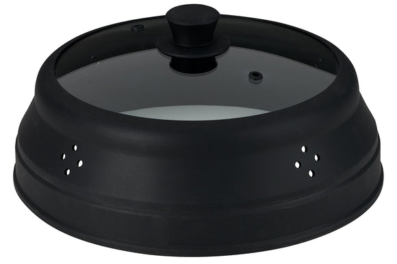 Vented Collapsible Silicone and Glass Microwave Plate Cover | Large 12-inch Splatter Guard Lid | 100% Food Grade | Dishwasher Safe (Black)