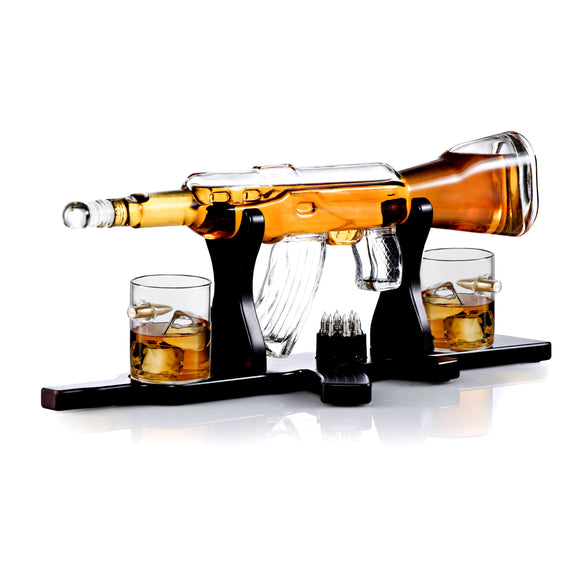Whiskey Decanter Set + 2 Whisky Glasses on Rich Wood Classic Mahogany Base Tray with Chilling Stones Gift Packaging - Whiskey Dispenser for Liquor Scotch Bourbon - Christmas Holiday Gift