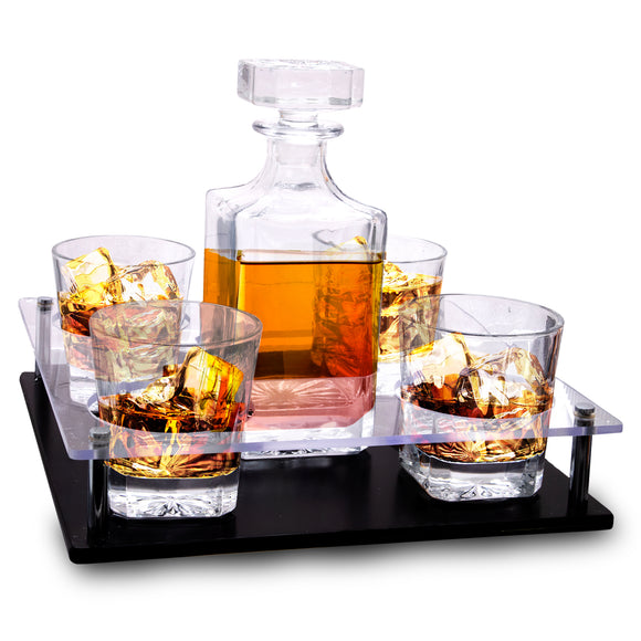 Bezrat Old Fashioned Decanter & Whiskey Glasses Set – On Rich Wood Mahogany Acrylic Glass Base Tray Stand – 4 Scotch Bourbon Glasses – Gift Packaging