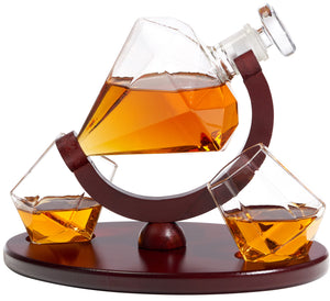 Whiskey Decanter Diamond Shape with 2 Elegant Matching Glasses Mahogany Wooden Tray - Beverage Serveware Dispenser for Spirits, Liquor, Scotch and Cocktails - Impressive Bar Set